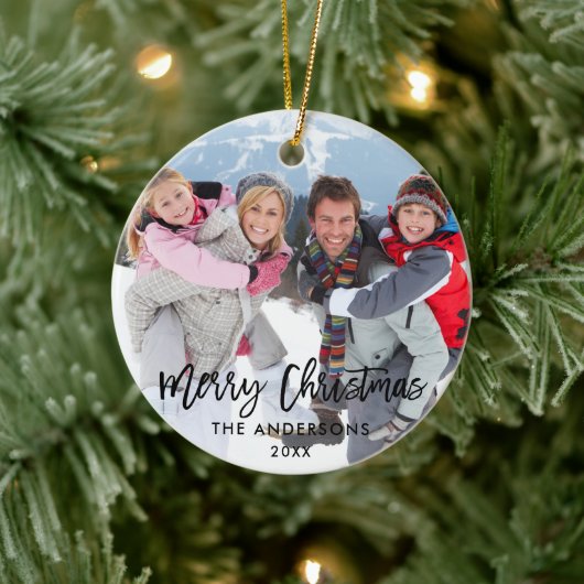 Moderne Borstel- Manuscript Familie Foto Vergroent Keramisch Ornament (Boom)