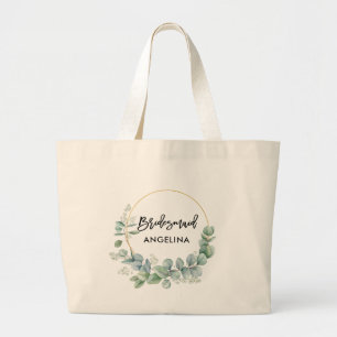 Moderne borstelscriptbridesmaïde botanische groen grote tote bag