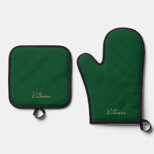 Moderne Bos Groene & Gouden Script Naam Ovenwant & Pannenlap Set