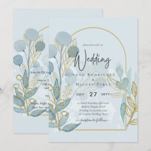 Moderne botanische Aqua SeaGlass Gold Wedding Invi Kaart