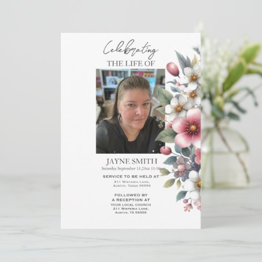 Moderne botanische begrafenisdienst e-vite kaart (Staand voorkant)