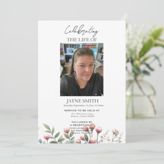 Moderne botanische begrafenisdienst e-vite kaart (Staand voorkant)