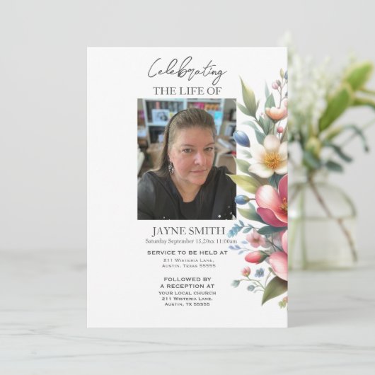 Moderne botanische begrafenisdienst e-vite kaart (Staand voorkant)