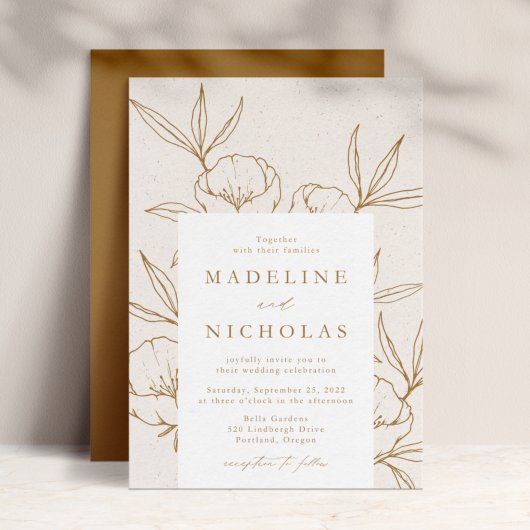 Moderne Botanische Bloemige Crème & Gouden Bruilof Kaart