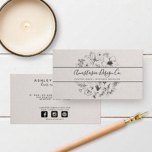 Moderne botanische Blush en Zwart Naam Script Type Visitekaartje