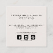 Moderne Botanische Blush Zwart Wit Script Initiale Vierkante Visitekaartje (Achterkant)