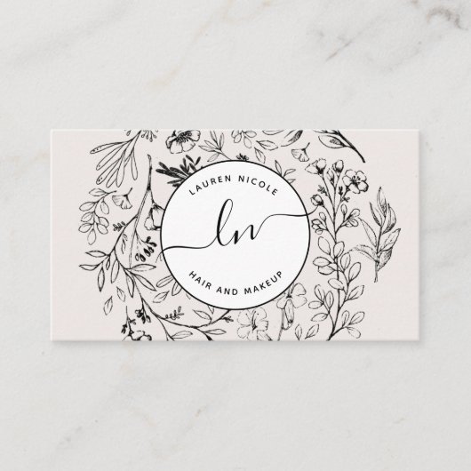 Moderne Botanische Blush Zwart Wit Script Initiale Visitekaartje (Voorkant)