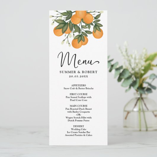 Moderne Botanische Citrus Greenery Wedding Menu Ca Kaart (Staand voorkant)