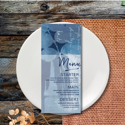 Moderne Botanische Cyaan Blauwe Bruiloft Menu