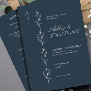 Moderne Botanische Divider Wedding Navy All-in-One Kaart