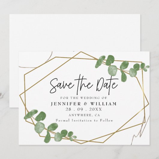 Moderne botanische eucalyptus Save the Date Kaart (Voorkant / Achterkant)