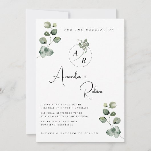 Moderne botanische eucalyptusbruiloft kaart (Voorkant)
