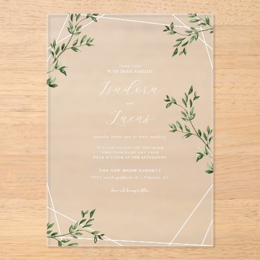 Moderne botanische geometrische bruiloft | Matglas Acryl Uitnodigingen (Voorkant)