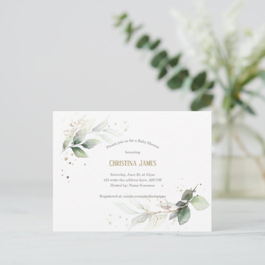 Moderne, botanische, Greenery, waterverf, Baby Gir Uitnodiging Briefkaart (Staand voorkant)