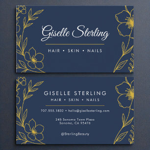 Moderne Botanische Marine Blauw Goud Naam Typograf Visitekaartje
