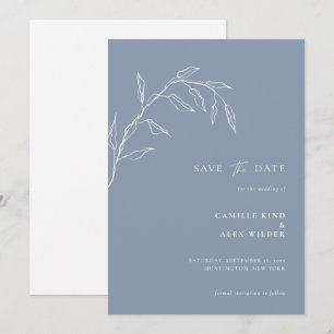 Moderne Botanische Minimale Blad Bruiloft Stofblau Save The Date