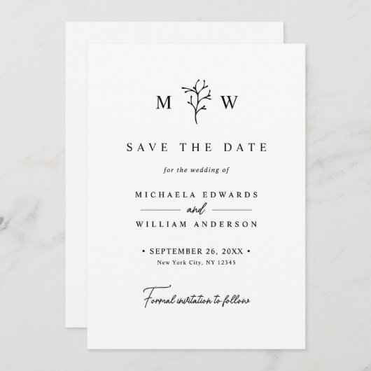 Moderne Botanische Monogram Initialen bruiloft Save The Date (Voorkant / Achterkant)