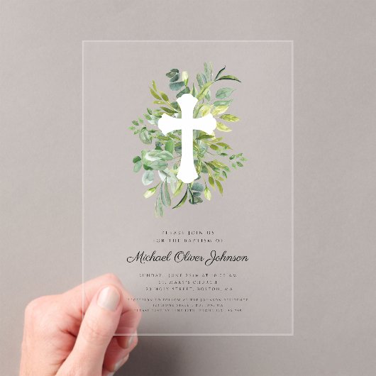 Moderne botanische religieuze kruisdoop acryl uitnodigingen (Insitu (Draagbaar))