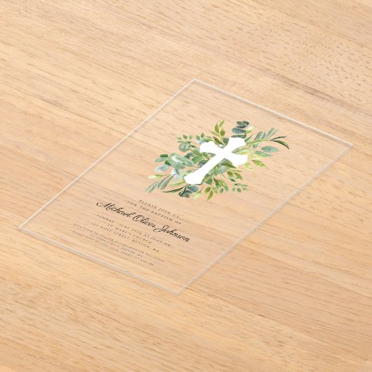 Moderne botanische religieuze kruisdoop acryl uitnodigingen (Laagn)