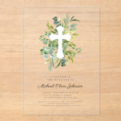 Moderne botanische religieuze kruisdoop acryl uitnodigingen (Voorkant)