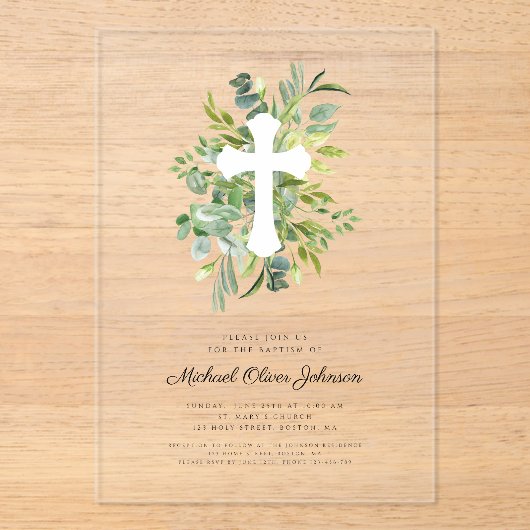 Moderne botanische religieuze kruisdoop acryl uitnodigingen (Voorkant)