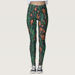 Moderne botanische rode groene bladeren bloemenpat leggings