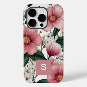 Moderne botanische roze bloemen monogram Case-Mate iPhone 14 pro hoesje