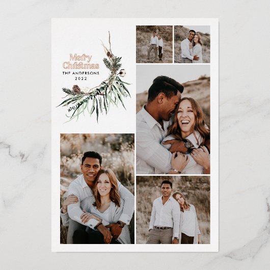 Moderne botanische waterverf met multifotoelegant folie feestdagenkaart (Voorkant)