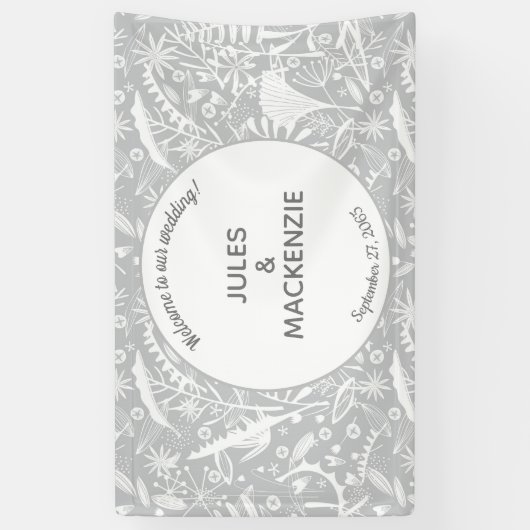 Moderne Botanische Zilveren Grijze Huwelijk Spandoek (Verticaal)