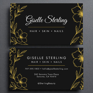 Moderne Botanische Zwarte Gouden Naam Typografie Visitekaartje