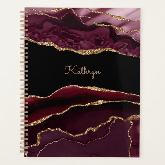 Moderne Bourgogne Black & Gold Agaat Personalisere Planner (Voorkant)