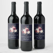 Moderne Bourgogne Bloemen Dank u Navy Bruiloft Wijn Etiket (Flessen)