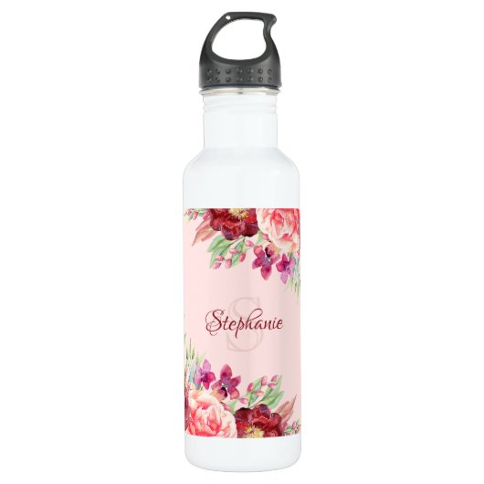 Moderne Bourgogne Blush Bloemen Naam Waterfles (Voorkant)