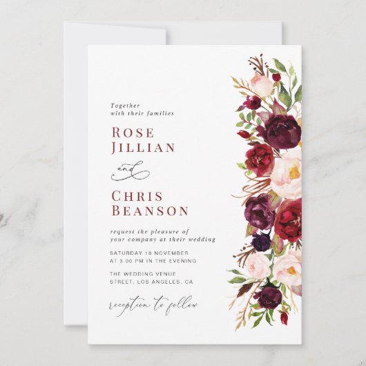 Moderne Bourgogne en blozen bloemenbruiloft Kaart (Voorkant)