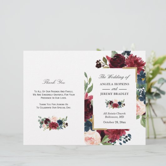 Moderne Bourgogne Floral Programme de mariage plié (Debout devant)