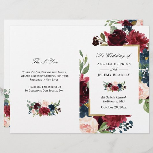 Moderne Bourgogne Floral Programme de mariage plié (Devant / Derrière)