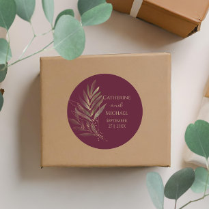 Moderne Bourgogne Gouden Blad Bruiloft Monogram Ronde Sticker