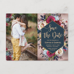 Moderne Bourgogne Marine Bloemenfoto Save the Date Aankondigingskaart