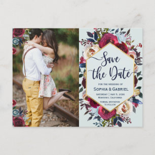 Moderne Bourgogne Marine Bloemenfoto Save the Date Aankondigingskaart