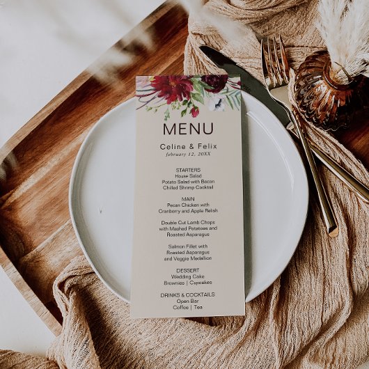 Moderne Bourgogne marine Blush Floral menu Kaart