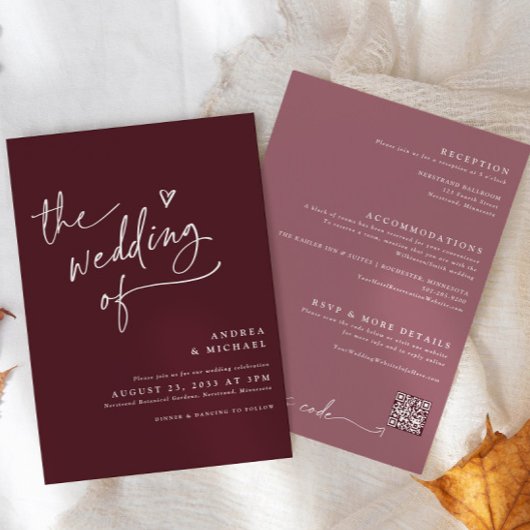 Moderne Bourgogne/Merlot Handwriting Heart Wedding Kaart