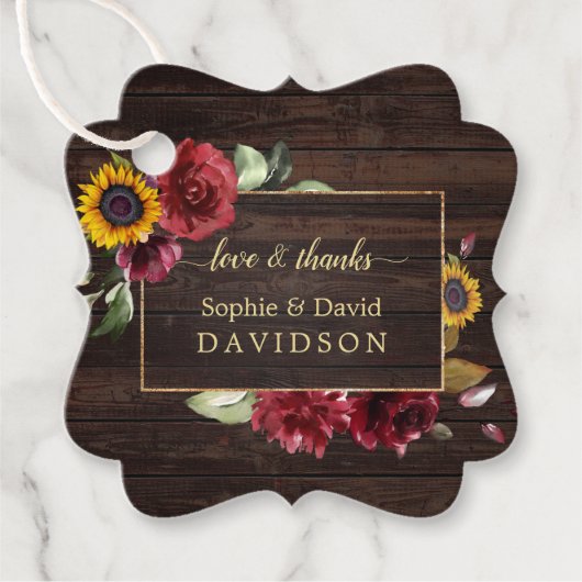 Moderne Bourgogne Rozen - Zonnebloem - bruiloft Bedankjes Labels (Voorkant)