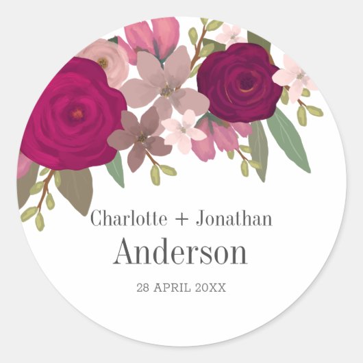 Moderne Bourgogne Tuin Bloemen Bruiloft Paar Naam Ronde Sticker (Voorkant)