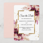 Moderne Bourgondië Blush Roze Bloem- en Gouden Lij Save The Date (Voorkant / Achterkant)