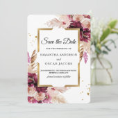 Moderne Bourgondië Blush Roze Bloem- en Gouden Lij Save The Date (Staand voorkant)