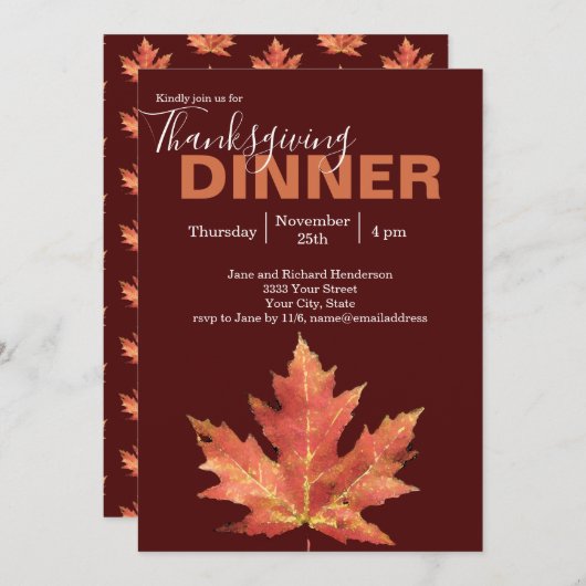 Moderne Bourgondië Herfstblad Thanksgiving Dinner Kaart (Voorkant / Achterkant)