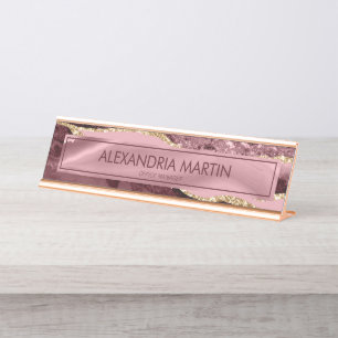 Moderne Bourgondië Roze Gouden Glitter Marmer Agaa Bureau Naambordje
