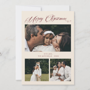 Moderne Bourgondië Script Gelukkig Kerstmis 4 Foto Feestdagenkaart