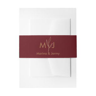 Moderne Bourgondiër Gouden Blad Monogram Uitnodigingen Wikkel