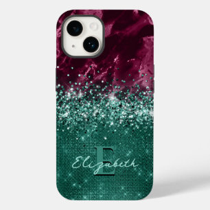 Moderne Bourgondische Blauwgroen Mint Glitter Marb Case-Mate iPhone 14 Hoesje